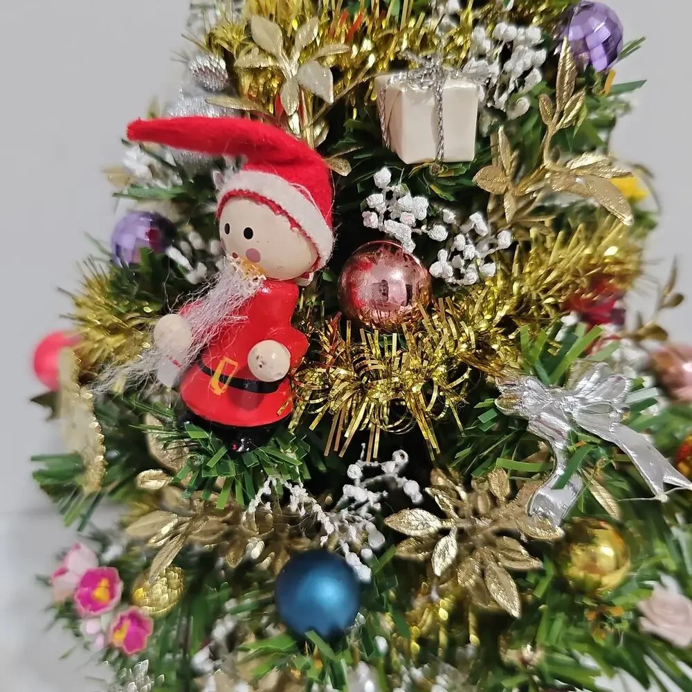 Decorated Tabletop Artificial Christmas Tree Santa Topper Retro Holiday Decor